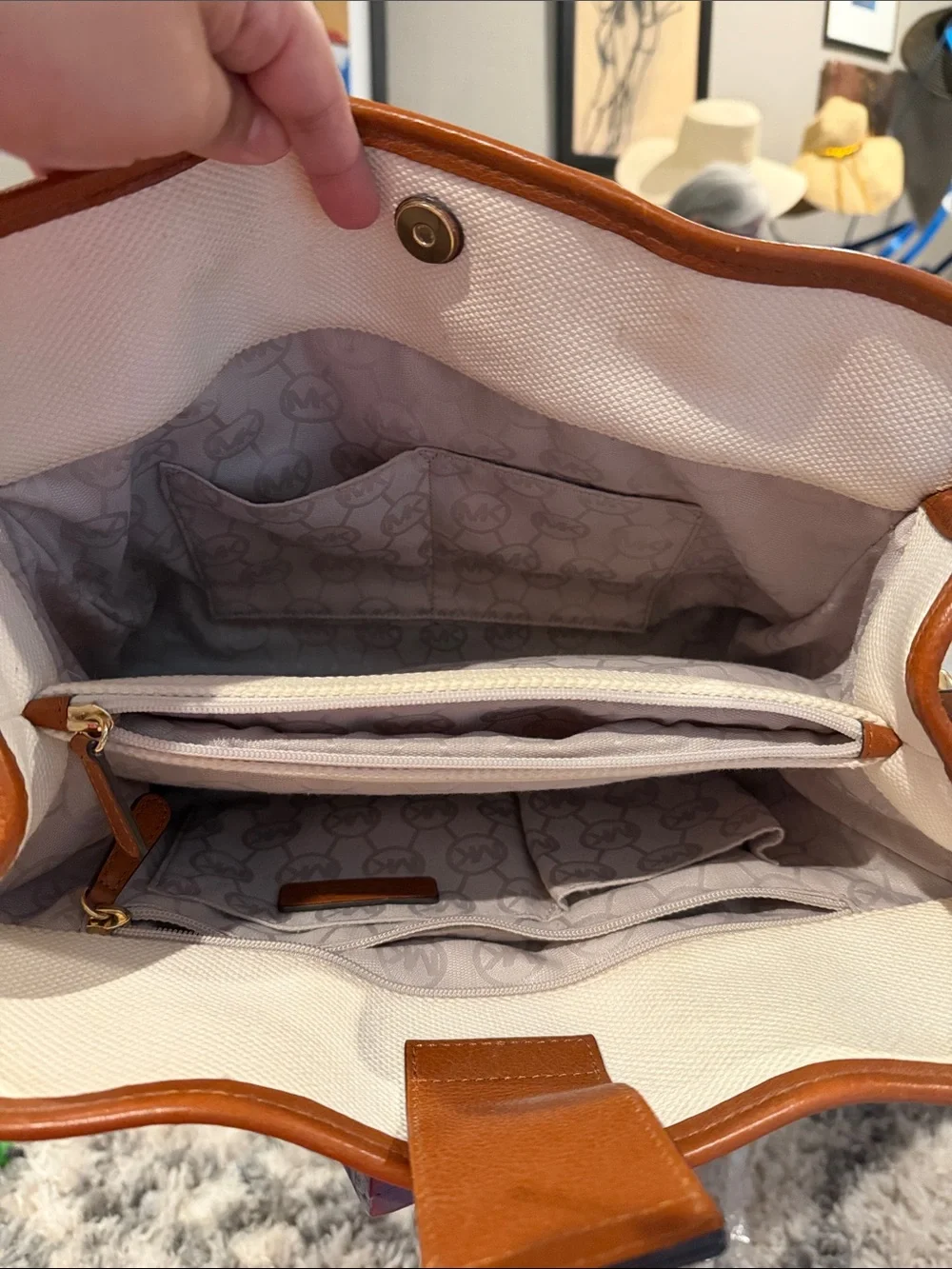 Michael Kors White Canvas Satchel with Navy Center Stripe and Brown Leather Trim